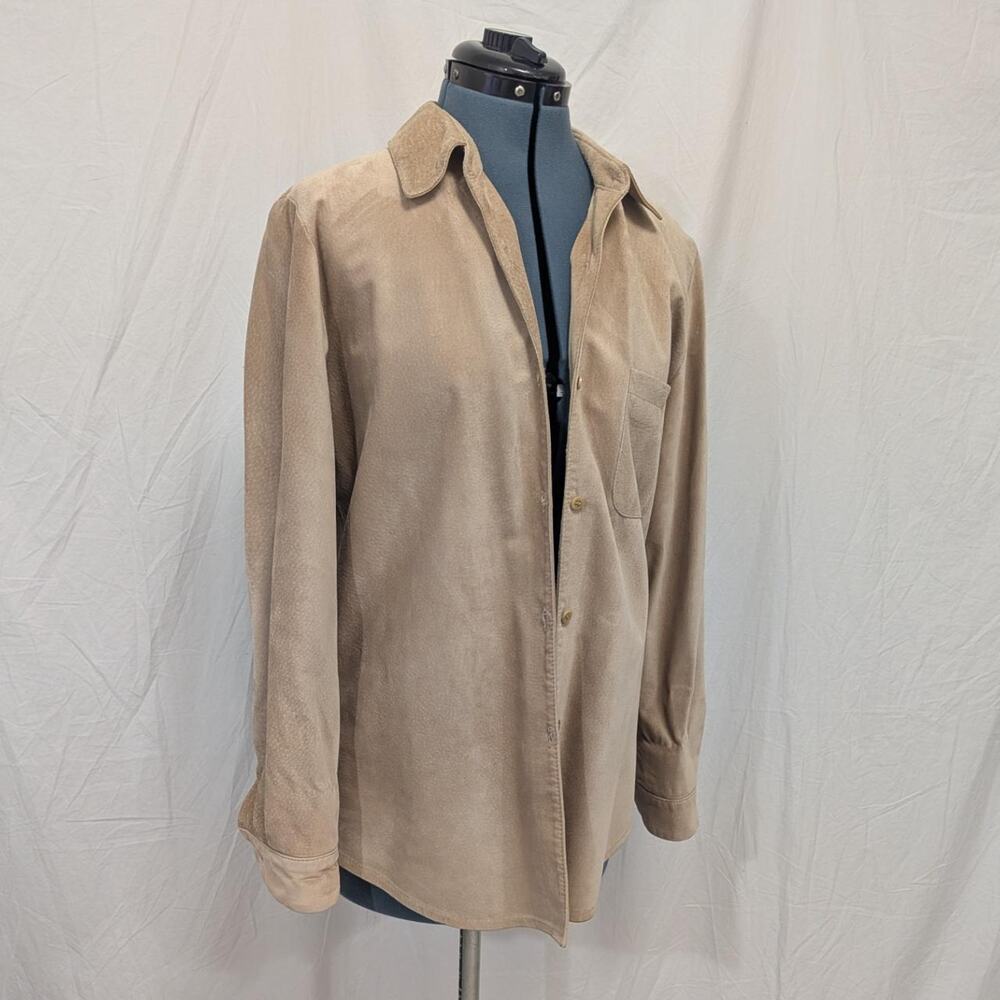 Ann Taylor vintage tan genuine leather button‑up shirt jacket, size L
